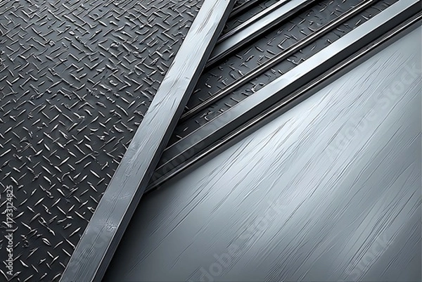 Fototapeta Dynamic metallic background with layered diamond-plate steel and brushed panels, creating a robust industrial and futuristic look for engineering or tech projects.