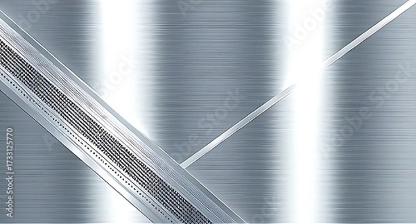 Fototapeta Bright silver brushed metal with diagonal seams and glossy reflections, accented by subtle perforated strip. Perfect for high-tech, industrial, or futuristic architectural backgrounds.