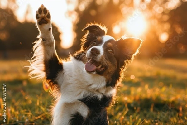 Fototapeta Lively dog exploring a wide green field, happy and full of life in nature.