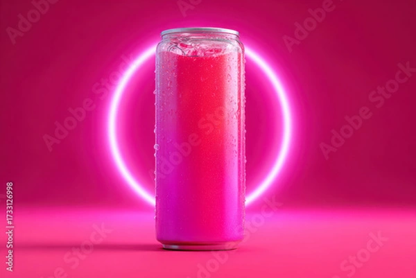 Fototapeta Bright blank energy drink can with colorful neon light background for product branding and advertising mock up