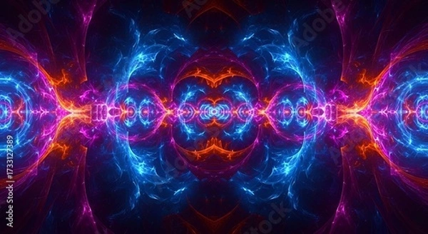 Fototapeta Symmetrical abstract fractal art with vibrant blue, orange, and