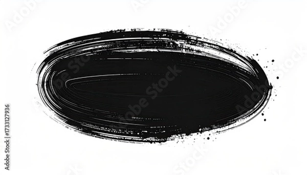 Fototapeta A black oval brushstroke on white. Textured edges, speckled accents, abstract design
