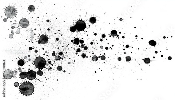 Fototapeta Black ink splatters and droplets against a white background, creating a dynamic composition