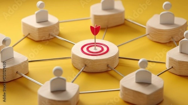 Fototapeta Central Target with Red Arrow Surrounded by Wooden Figures on Yellow Background