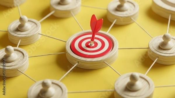 Fototapeta Target Achieved in Business Network with Dart Hitting Center of a Red and White Bullseye