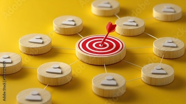 Fototapeta Targeting Strategy for Social Network Success with Arrow on Central Bullseye on Yellow Background