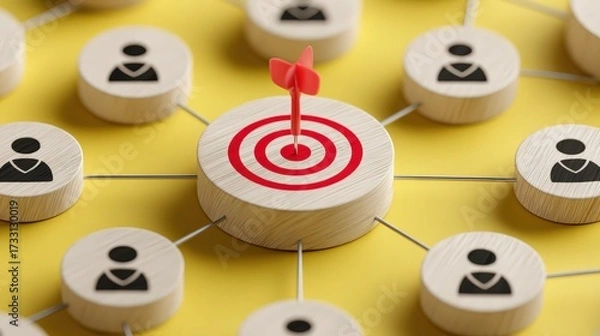 Fototapeta Focused Targeting Concept with Dartboard and Icons Representing Network Connections