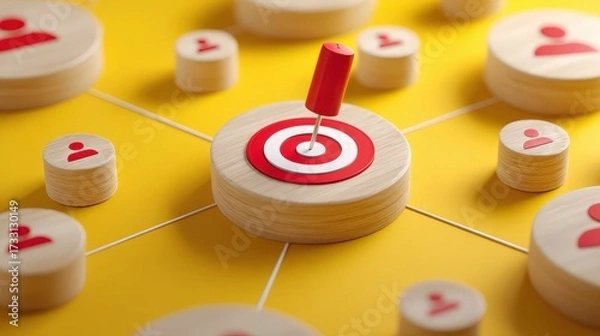 Fototapeta Target Symbol on Wooden Base Surrounded by Icons Representing Connections and Community Engagement