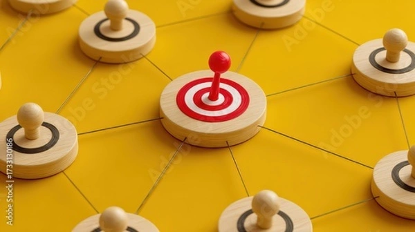 Fototapeta Focused Strategy Concept with Red Target Peg Among Black Markers on Yellow Background