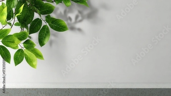 Fototapeta Fresh Green Leaves with Shadows on Minimalist Gray Background for Serene Home Decor