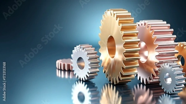 Fototapeta Abstract Metallic Gears on Dark Blue Gradient Background