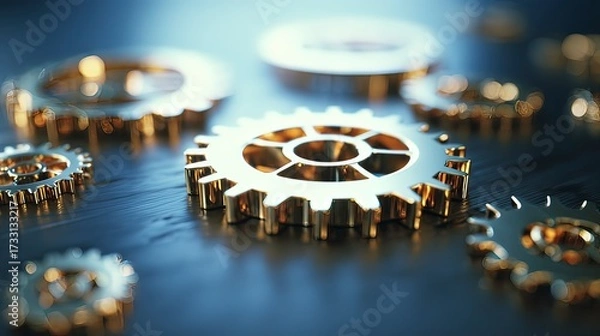 Fototapeta Abstract Metallic Gears on Dark Blue Gradient Background