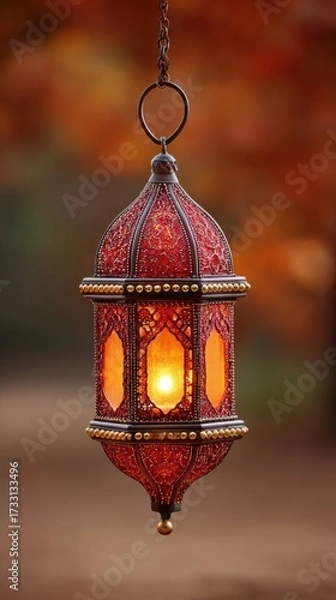 Fototapeta Exploring Cultural Heritage Through the Radiance of a Traditional Red Lantern Hanging From a Chain