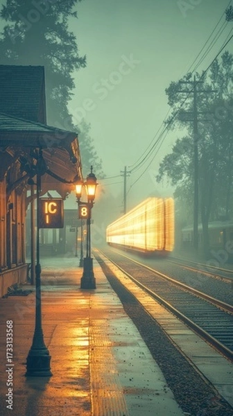 Fototapeta The Evolution of Transportation: Embracing Digital Innovation in Foggy Train Journeys