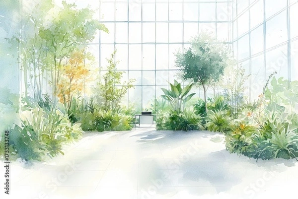 Fototapeta Exploring Futuristic Workspaces through Watercolor Art: The Garden of Generative AI Creativity
