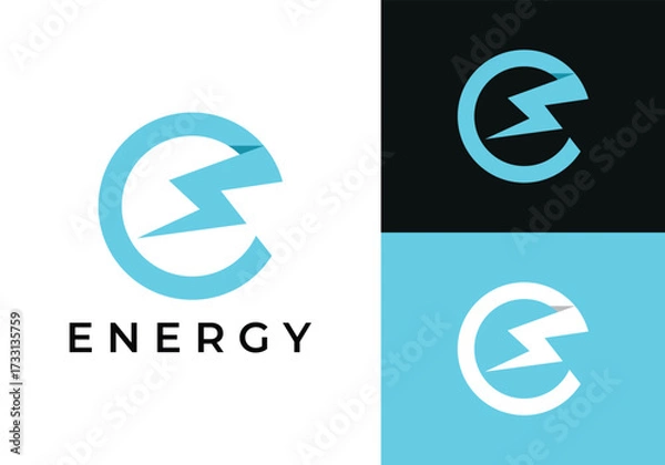 Obraz This is an energy logo by combining the letter E and lightning with a simple electric blue color. This logo is suitable for tech companies, battery manufacturing companies, energy companies, and the l