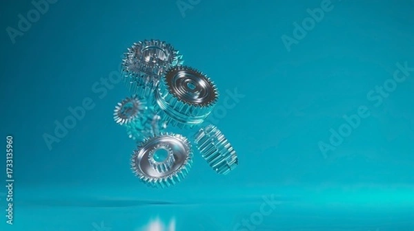 Fototapeta Metallic Gears on Abstract Blue Gradient Background
