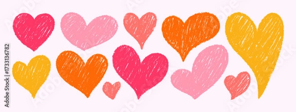 Fototapeta Crayon Doodle Hearts. Vector Chalk and Pencil Heart Shape in Pastel Color. Hand Drawn Love Icon Set in Kids Style for Web Design, Patterns, Logos, Valentines Day Cards