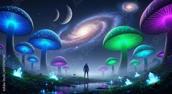 Fototapeta Bioluminescent mushrooms under a cosmic galaxy and moonlit sky with glowing crystals fantasy