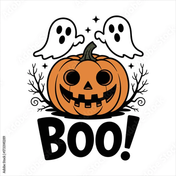 Fototapeta Halloween Pumpkin Vector, Scary Jack O Lantern with Ghosts, Boo Text Illustration, Spooky Halloween Vector, Ghost and Pumpkin Cartoon, Scary Holiday Decoration Design.

