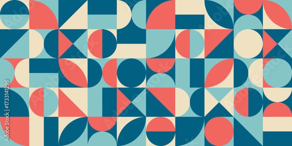 Fototapeta 丸や三角に分割した正方形の幾何学模様レトロポップカラー