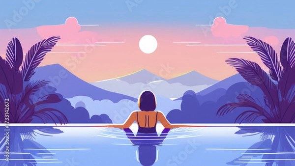 Fototapeta A person relaxing in an outdoor infinity pool surrounded by tropical jungle, soft morning mist rising, turquoise water reflecting golden sunrise, tranquil mood, wide panoramic shot from behind, sense 
