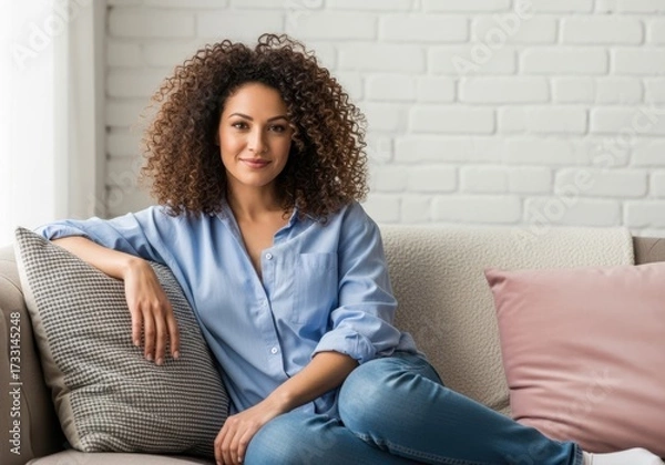 Fototapeta Young woman with curly hair relaxing on a sofa indoors smiling and looking towards the camera