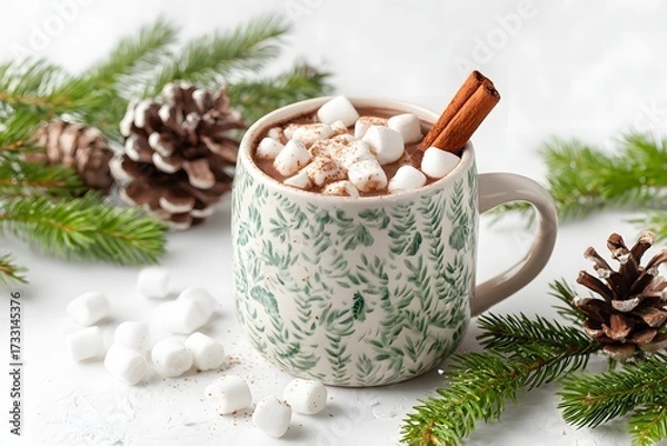 Fototapeta Hot Chocolate with Marshmallows and Cinnamon Stick Surrounded by Pine Cones