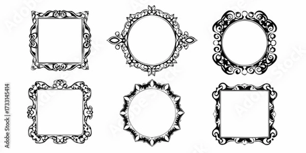 Fototapeta Collection of six ornate black and white decorative frames and borders for design