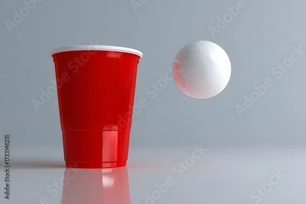 Fototapeta Red Cup with White Ball Floating Above on Solid Light Gray Background