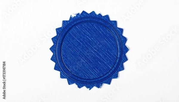 Obraz Blue, circular, textured sticker with a sunburst edge on a white surface