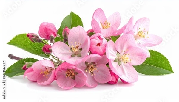 Obraz Cluster of pink blossoms with green leaves and buds on a white background