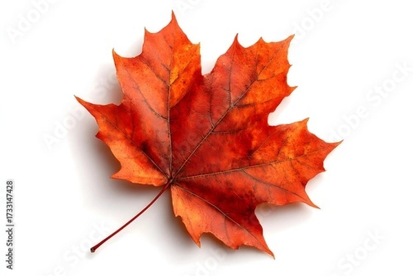 Fototapeta Vibrant Red Maple Leaf Isolated on White Background for Autumn Nature Themes