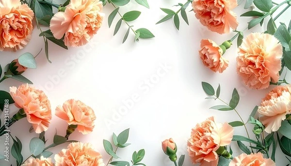 Obraz Peach-toned flowers and green leaves arranged on white to create a floral border