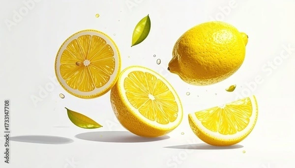 Obraz Bright yellow lemons floating in air with sliced pieces and leaves, white background