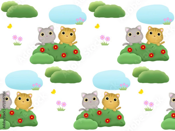 Fototapeta 草原のネコのシームレスパターン　K-1'