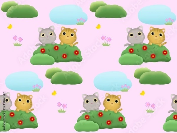 Fototapeta 草原のネコのシームレスパターン　K-4'