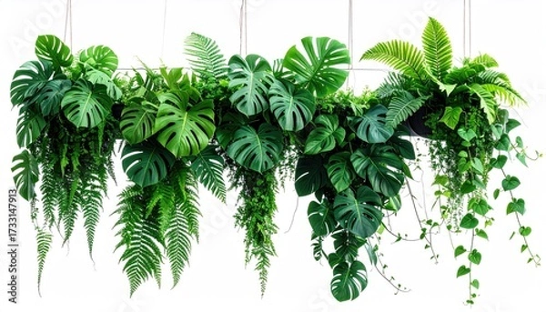 Obraz Lush green hanging display of tropical plants against a bright white backdrop