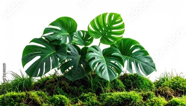 Obraz Lush, green Monstera plant with large, split leaves, nestled in vibrant moss