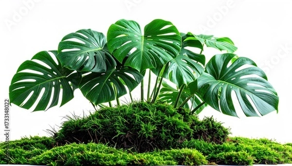 Obraz A lush, green tropical plant with large leaves emerging from a bed of vibrant moss