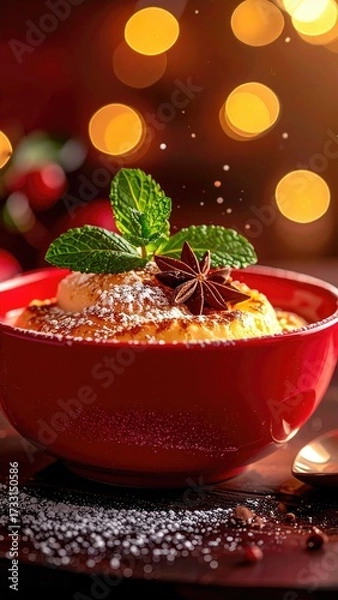 Obraz Festive Christmas Cake Topped with Anise Mint and Powdered Sugar in Red Bowl with Glowing Bokeh Lights Warm Cinematic Food Photography