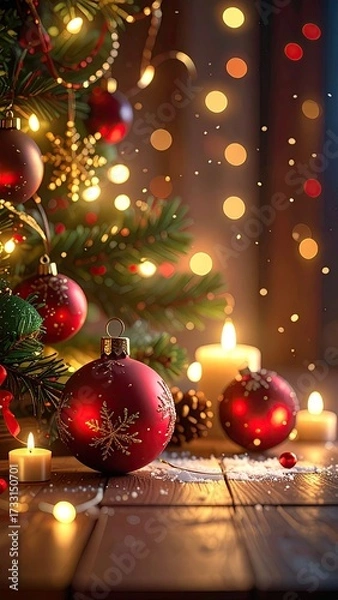 Obraz Festive Christmas Tree with Red Ornaments and Candlelight on Rustic Wood Table