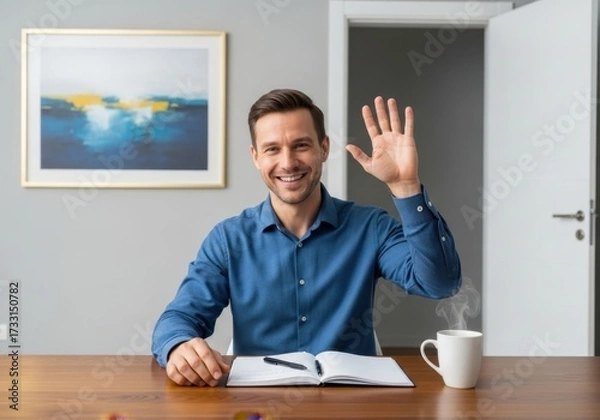 Fototapeta Friendly man waving hello from his desk during a virtual meeting or video call presentation