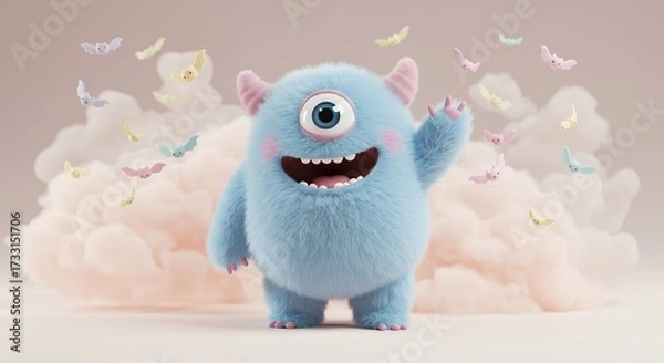 Fototapeta Chubby one-eyed monster waving happily, surrounded by tiny bats in pastel colors