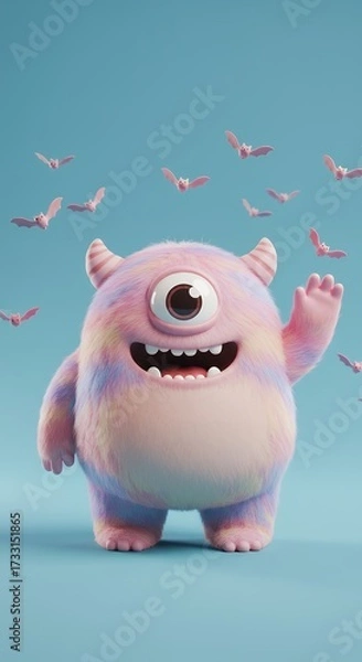 Fototapeta Chubby one-eyed monster waving happily, surrounded by tiny bats in pastel colors