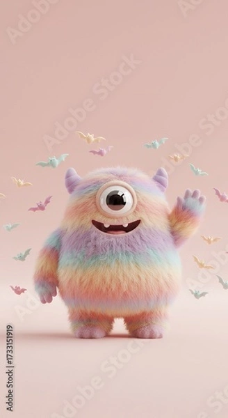 Fototapeta Chubby one-eyed monster waving happily, surrounded by tiny bats in pastel colors