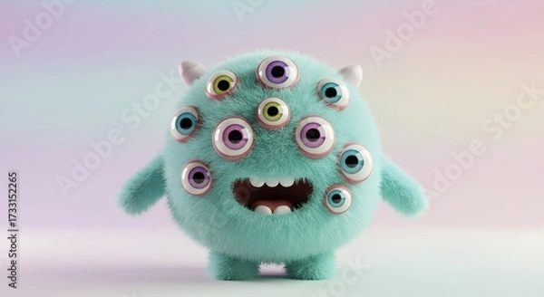 Fototapeta Monster with multiple eyes, all blinking cheerfully, pastel rainbow background