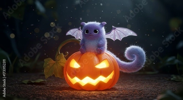 Fototapeta Small monster with dragon wings and fuzzy tail, sitting on a glowing pumpkin