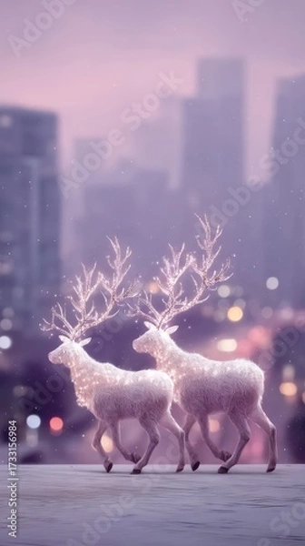 Fototapeta Explore the Enchanting Fusion of Christmas 2025 Trends with Nostalgic Reindeer in a Modern Cityscape