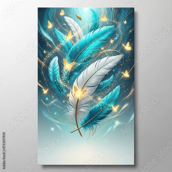 Fototapeta Fantasy Surreal Feathers with Golden Butterflies and Sparkles